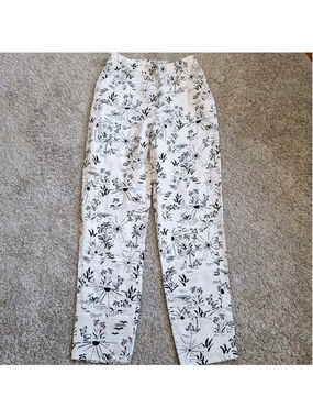 Free People Womens XS Ivory Black Linen Blend Pants Tropical Print Tapered Beach